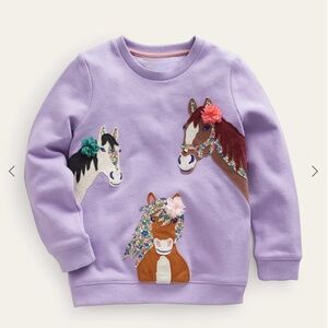 Mini Boden-Girls Lavender Cotton Long Sleeve Horse Appliqué Sweatshirt, Size 4-5